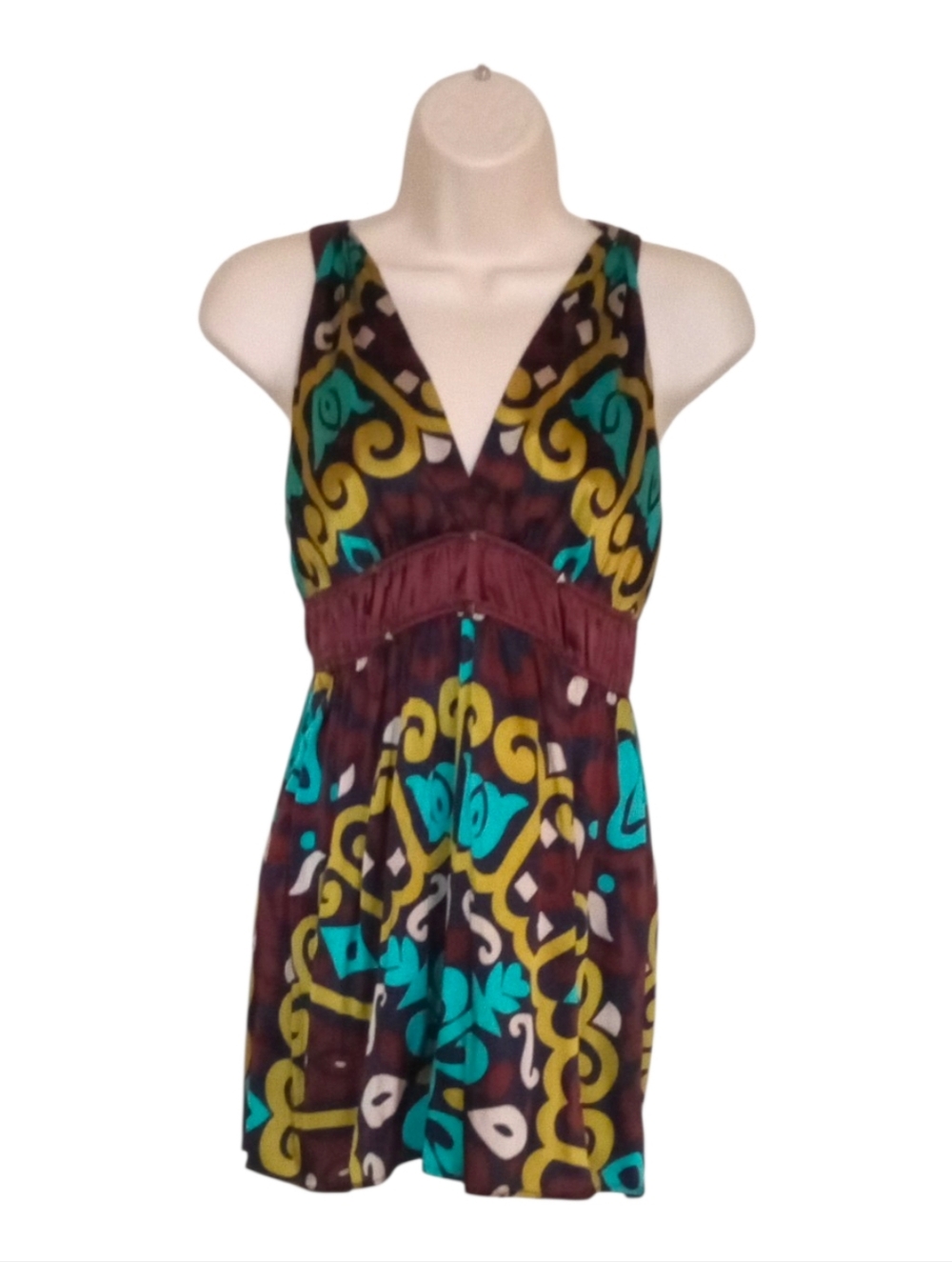 Hale Bob Silk Mini Dress Size Small Halter-Style Brown Turquoise Lime Green